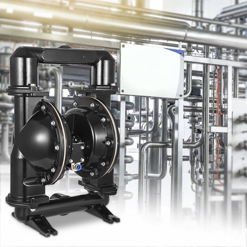 Pneumatikusan működtetett dupla membránszivattyú, 2 hüvelykes bemenet és kimenet, alumíniumötvözet ház, 75 GPM és max. 120 PSI, nitril membránszivattyú nyersolaj, dízelüzemanyag, olaj és alacsony viszkozitású folyadékok szállítására