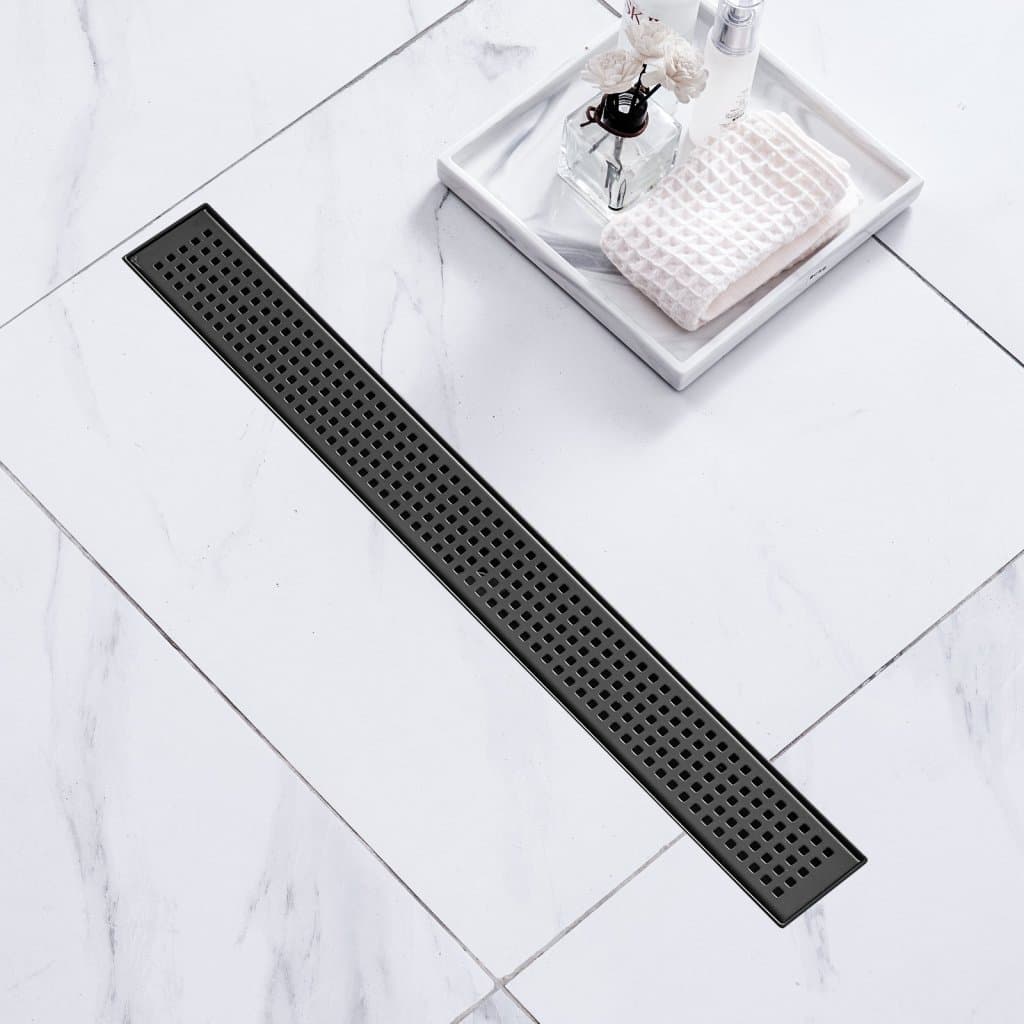 610 mm-es lineáris zuhanyfolyóka négyzetes ráccsal, téglalap alakú zuhanyfolyóka szálcsiszolt 304-es rozsdamentes acélból, elegáns lineáris zuhanyfolyóka hajszűrővel, matt fekete