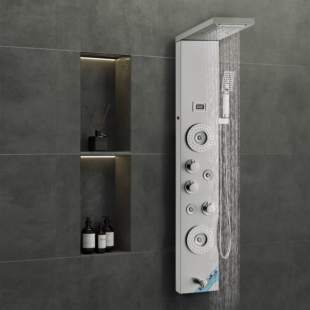 Zuhanypanel, toronyrendszer, 6 üzemmód, LED és kijelző, rozsdamentes acél, esőztető zuhany