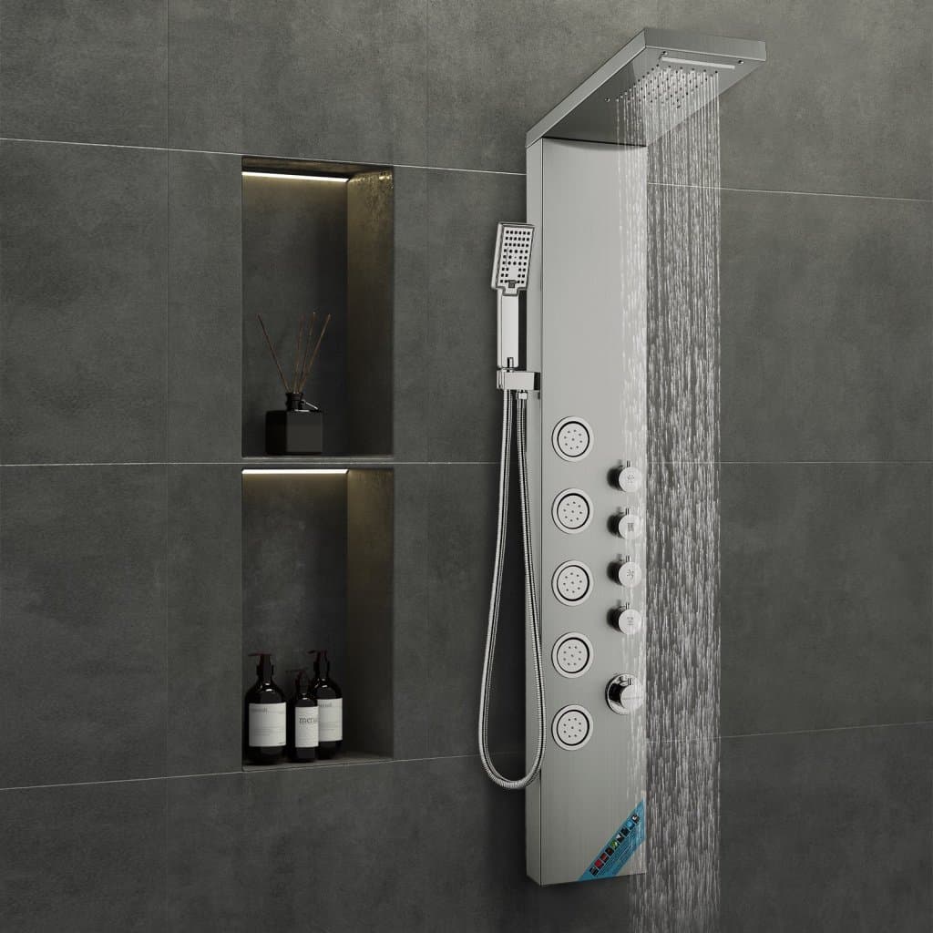 Zuhanypanel rendszer, 4 szórási mód, toronyzuhanypanel, eső, vízesés, 5 teljes testmasszázs fúvóka és 3 fokozatú zuhanyfej 59"-os tömlővel, rozsdamentes acél fali készlet