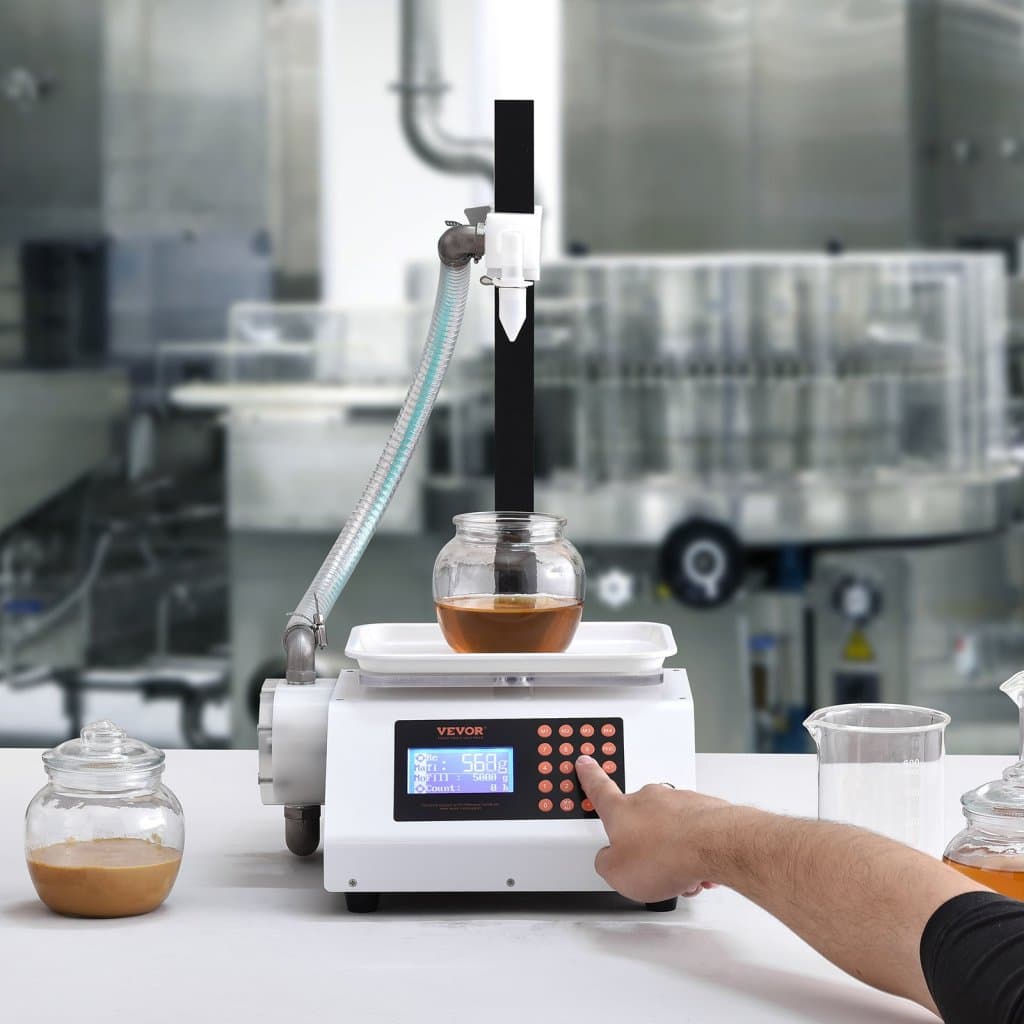 Folyadéktöltő gép, mérési tartomány 50-5000g, automatikus palacktöltő gép, fogaskerék-szivattyús kupakzárógép, digitális vezérlés mézhez, olajhoz, borhoz, mosószerhez, viszkózus folyadékokhoz (egyetlen fúvóka)