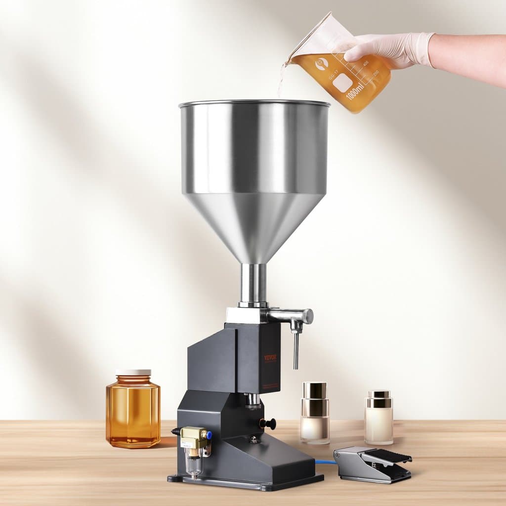 Pneumatikus paszta folyékony töltőgép, 5-50ml palacktöltő gép, palacktöltő gép, rozsdamentes acél folyékony töltőgép pedállal tejhez, vízhez, gyümölcsléhez, illóolajhoz, samponhoz, kozmetikai tejmézhez