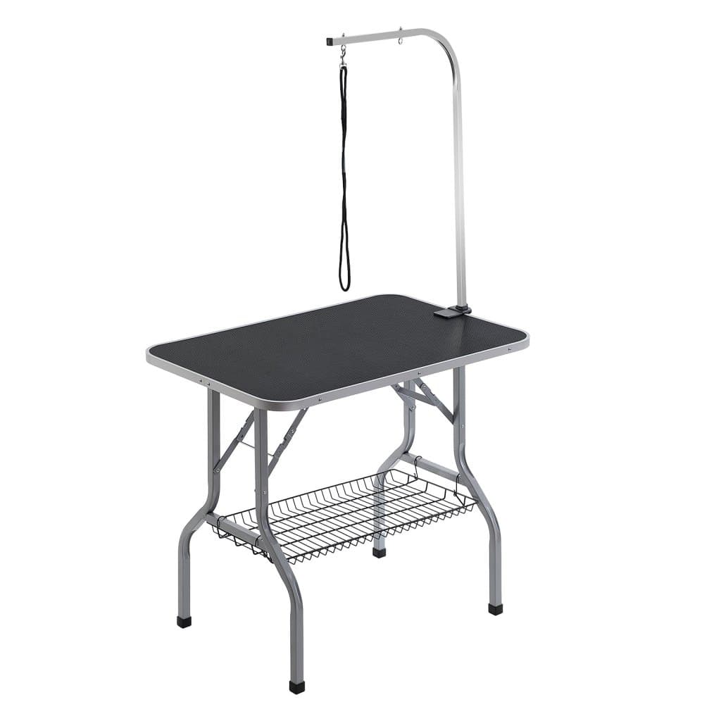 Kisállatkozmetikai asztal kar szorítóval, kutyakozmetikai állomás 915 x 610 mm, összecsukható kisállatkozmetikai állvány közepes és kis kutyáknak, ülés nélküli fenéktartó ápolópánttal, teherbírás 149,7 kg