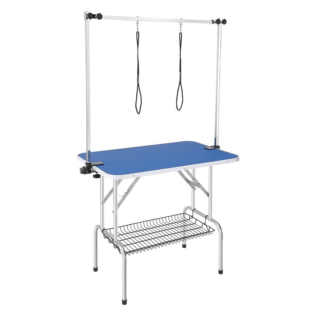 Kisállat-kozmetikai asztal két karral és szorítóval, kutyakozmetikai állomás 915 x 610 mm, összecsukható ápolóállvány közepes és kis kutyáknak, szabad fenéktartó két karral ülés nélkül, ápolóhurokkal, teherbírás 150 kg