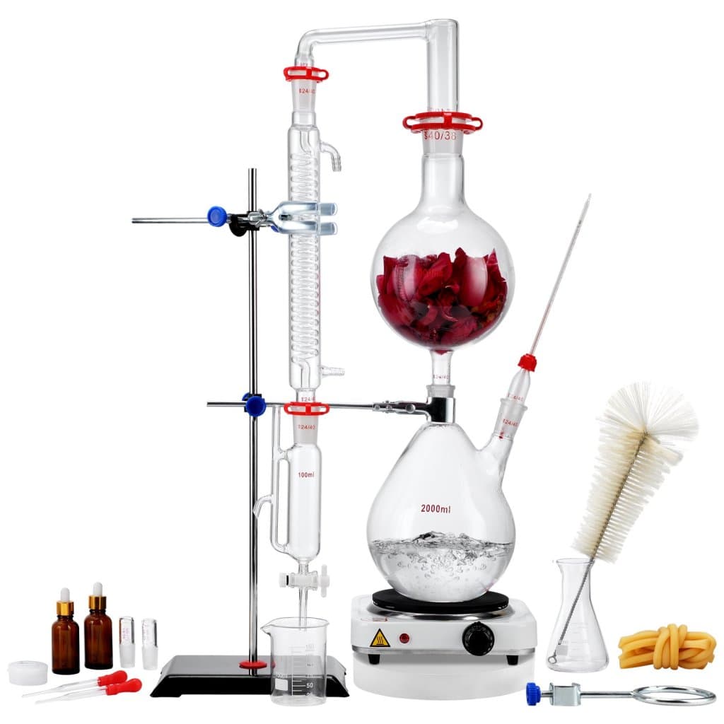 Illóolaj-desztilláló készlet, 2000 ml-es desztilláló készülék, Boro Lab Glassware 3.3 desztilláló készlet 1000 W-os főzőlappal és 24 csatlakozóval (40), 28 darabos készlet