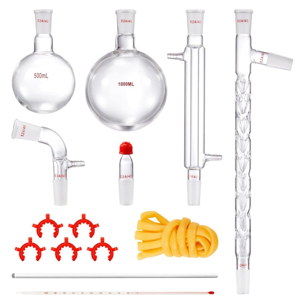 Laboratóriumi desztillációs készlet, 3,3 Boro laboratóriumi üvegedény-desztillációs készlet 24 és 40 illesztéssel, 1000 ml illóolaj-desztillációs készlet, 14 darabos üvegedény-készlet