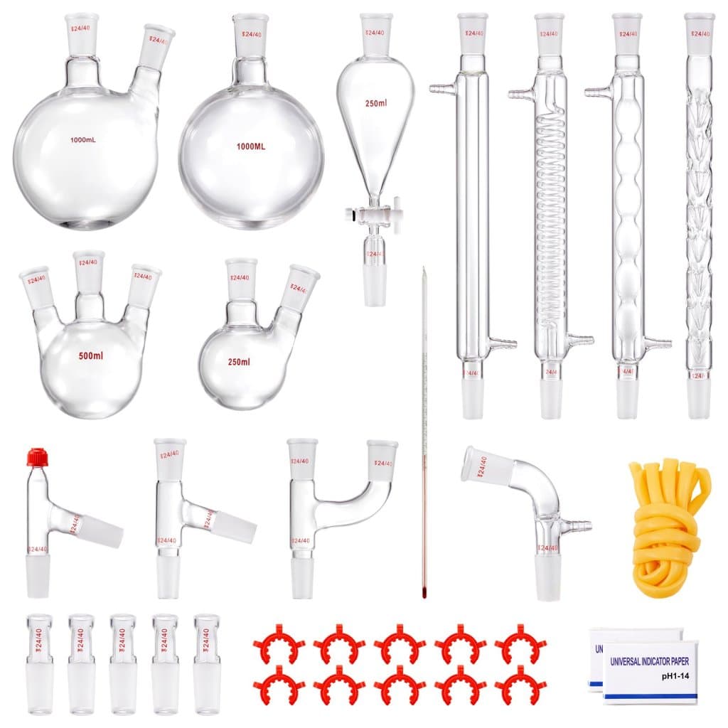 Laboratóriumi desztillációs készlet, 3,3 hüvelykes Boro laboratóriumi üvegdesztillációs készlet 24 és 40 illesztéssel, 1000 ml-es illóolaj-desztillációs berendezéskészlet, 32 üvegkészlet