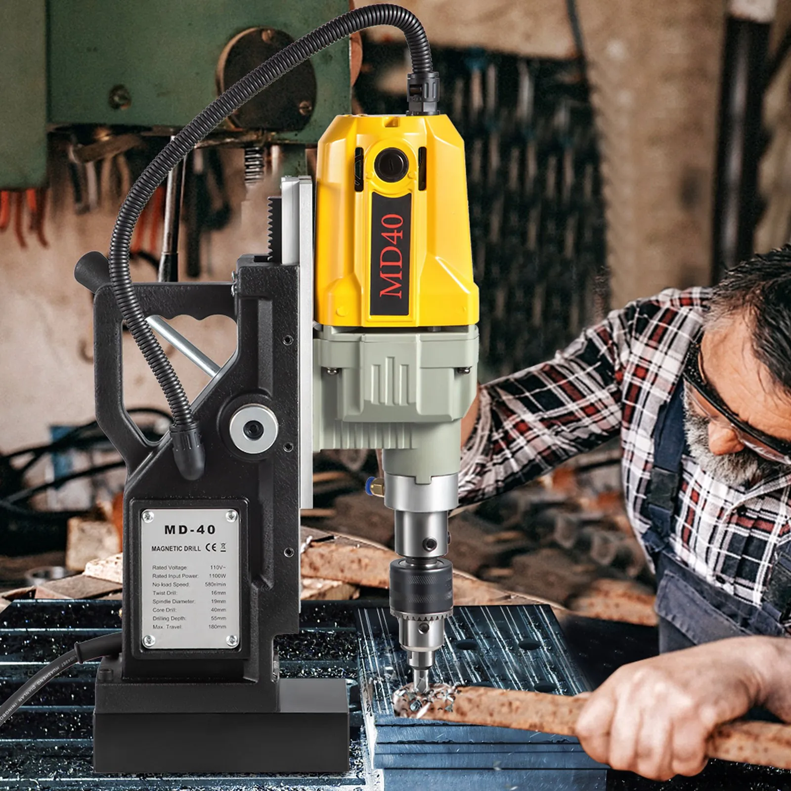 Mágneses fúró, 1100 W, 4 cm-es fúróátmérő, 2697 lbf/12000 N hordozható elektromos mágneses fúróprés 12 bittel, 580 RPM maximális sebességű fúrógép bármilyen felülethez és otthonfelújításhoz