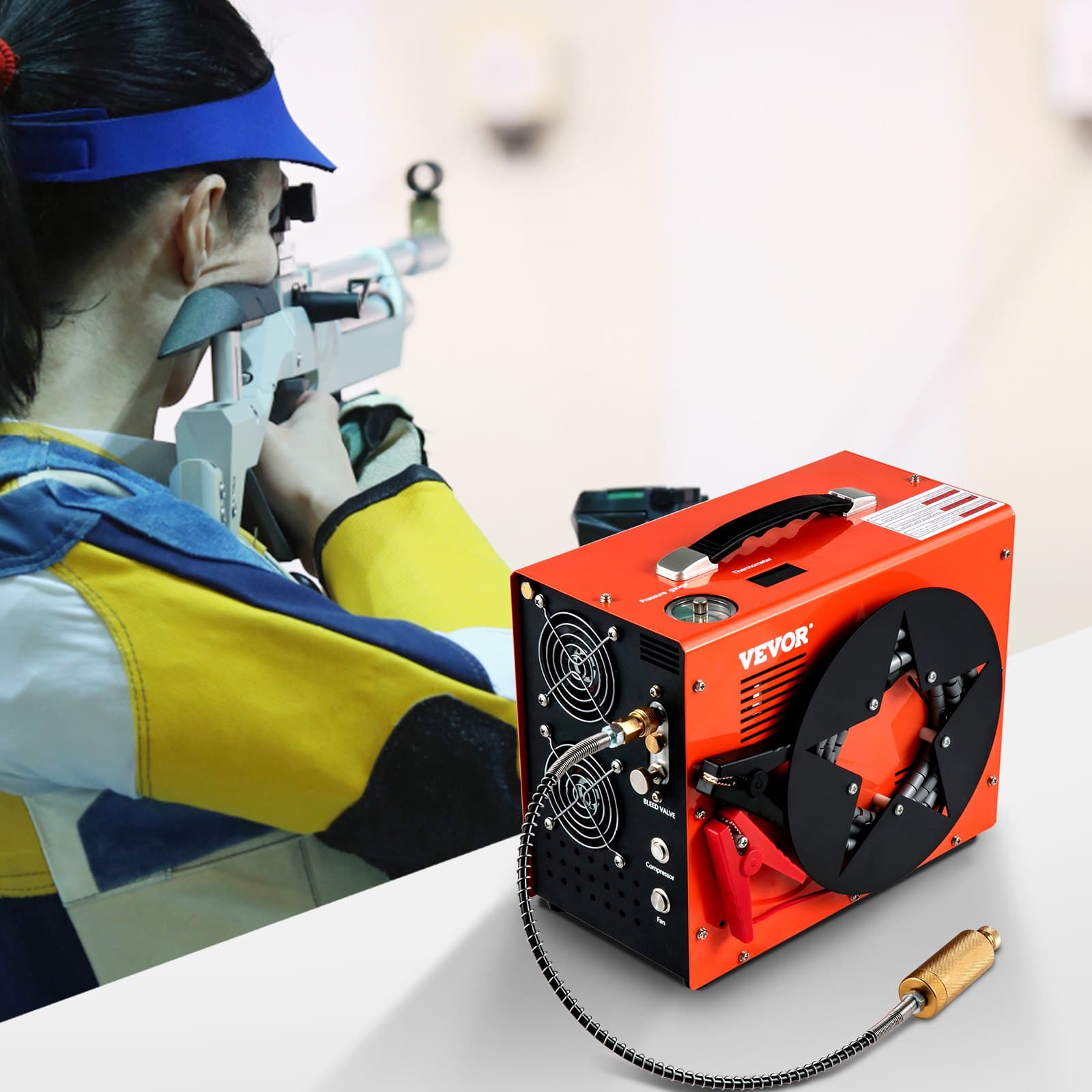 PCP légkompresszor, 350 W-os, 2700 fordulat/perc teljesítményű hordozható búvárkompresszor, 4500 Psi nagynyomású, 8 mm-es gyorscsatlakozóval és beépített hűtőventilátorral, 1,5 literes tartállyal, automatikus kikapcsolással, otthoni és autós akkumulátorról működtetve