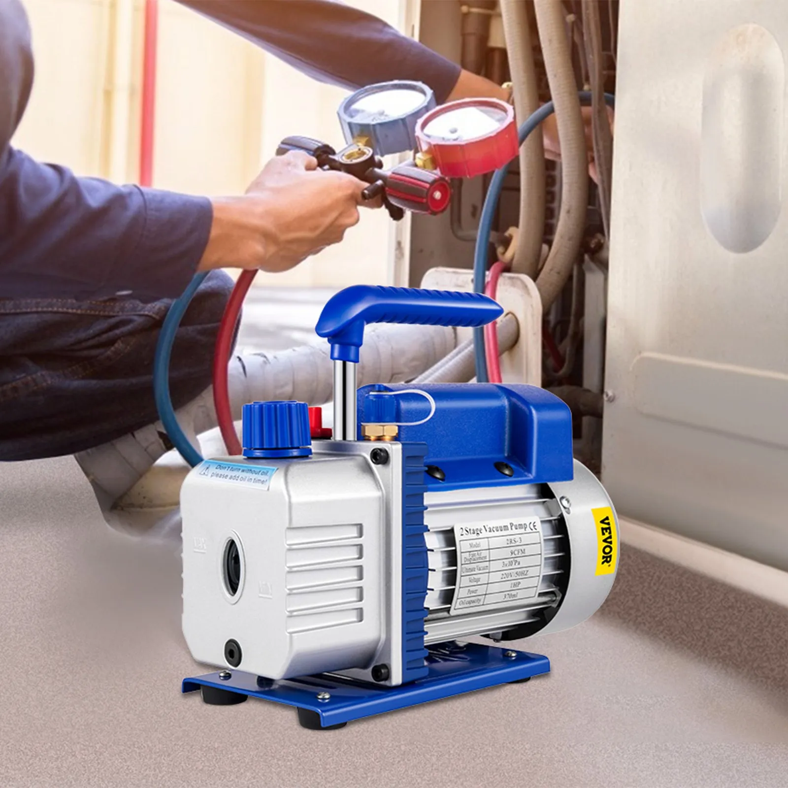 9 CFM 1 HP kétfokozatú légkondicionáló vákuumszivattyú 220V 5PA Kiváló minőségű HVAC légszerszám hűtőközeg vákuumszivattyú forgólapátokkal autójavításhoz és vákuumszíváshoz