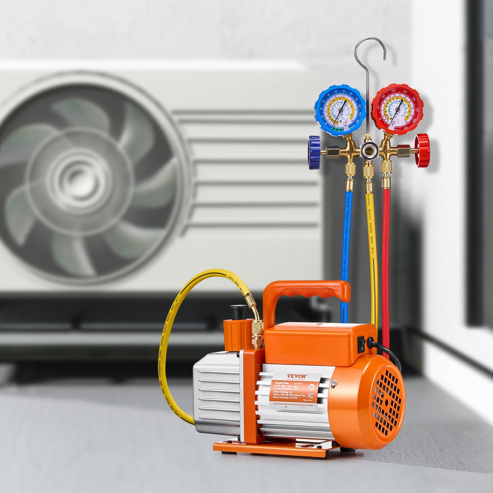 Egyfokozatú forgólapátos vákuumszivattyú és mérőkészlet HVAC rendszerekhez, 3,5 CFM kapacitással, R134a, R22, R12 és R502 hűtőközegekkel kompatibilis