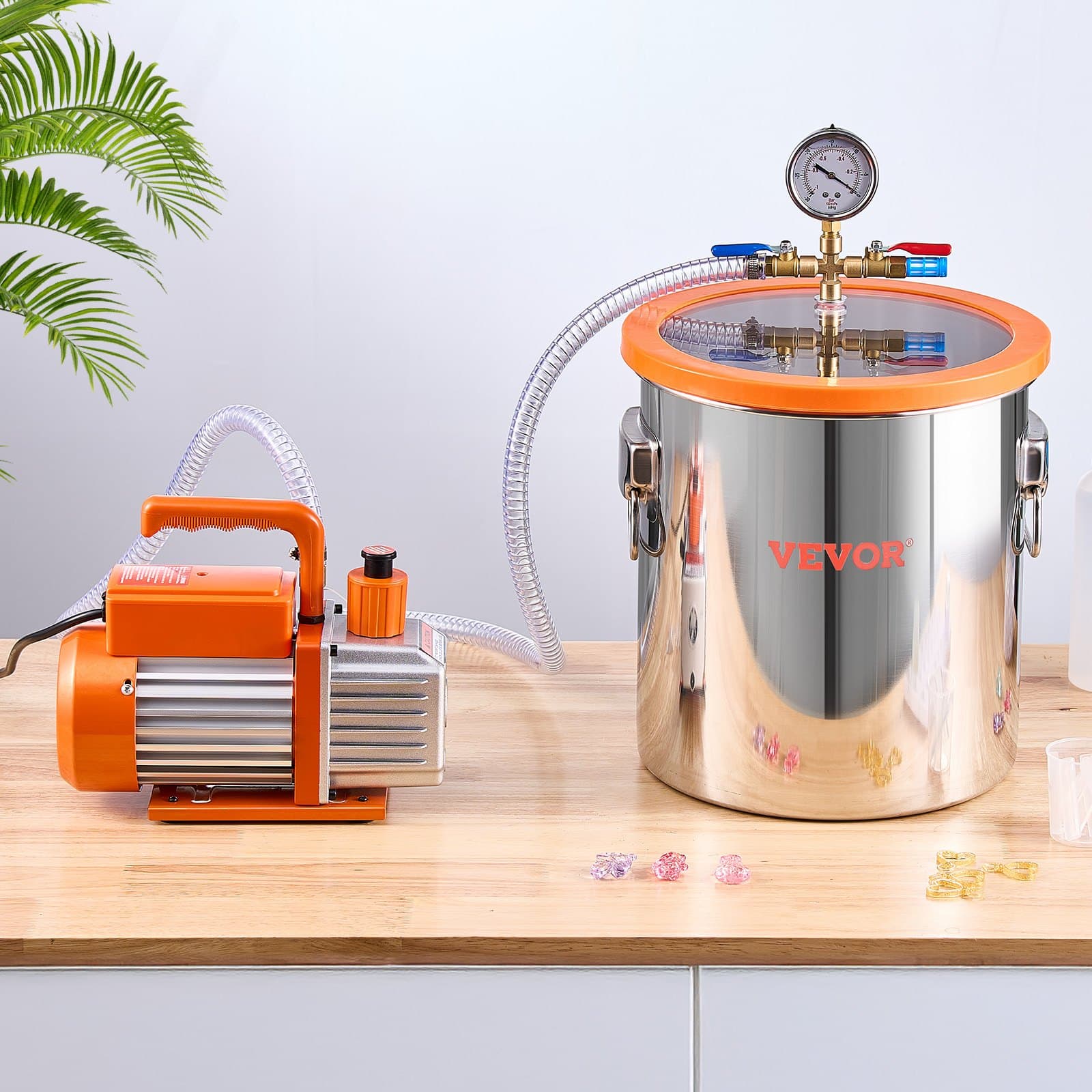 Egyfokozatú vákuumkamrás szivattyúkészlet 5 gallon, 3,5 CFM, rozsdamentes acél gáztalanító kamrakészlet, 1/4 LE vákuumszivattyú akril burkolattal, olaj, 1,5 m tömlő