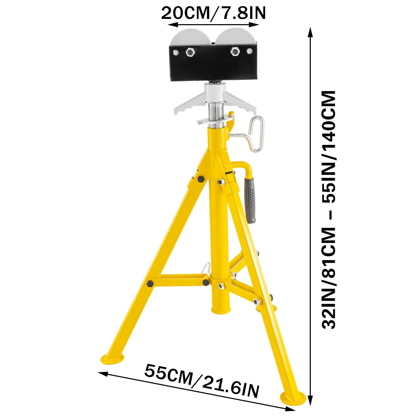Összecsukható csőemelő állvány, magasságállítás 81-148 cm, görgős fejű csőállvány, 2 tonna teherbírás csőmenetvágáshoz és csőlyukak vágásához