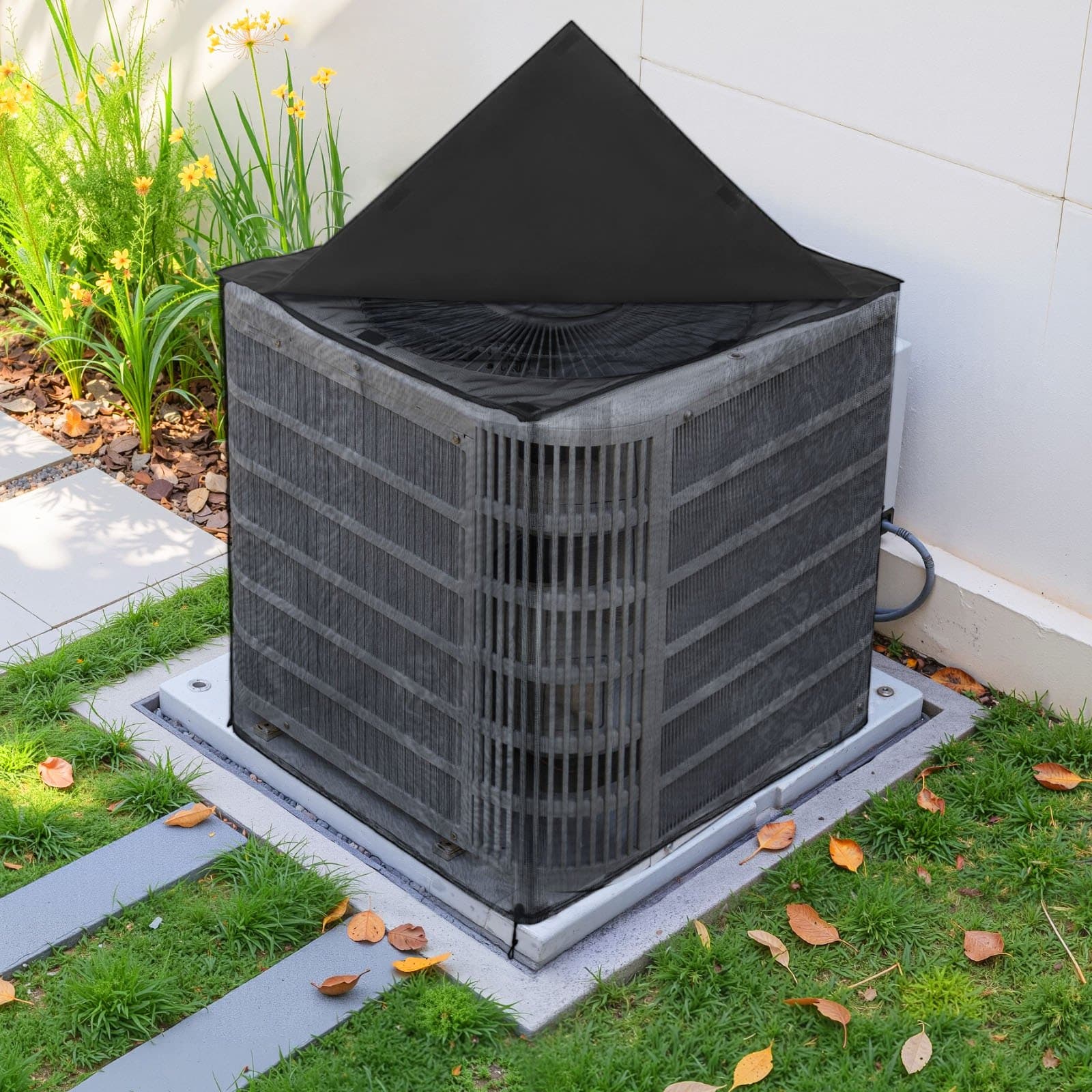 Klímaburkolat, 711 x 711 x 812 mm Klímaburkolat klímaberendezéshez, kétrétegű, levehető tető, vízálló poliészter, univerzális HVAC védőburkolat kültéri, kültéri klímaberendezéshez, fekete