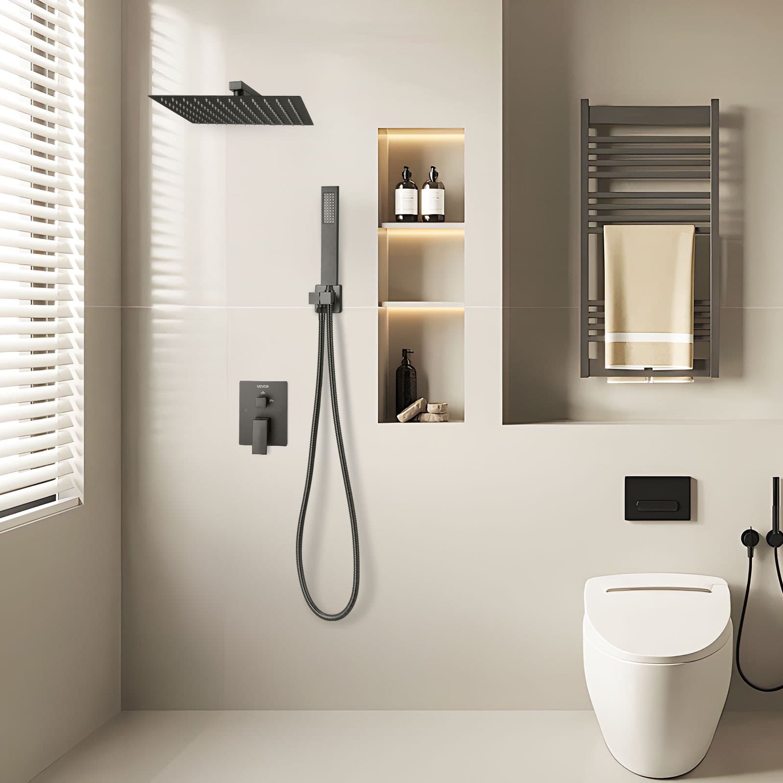 Zuhanycsaptelep szett, Rainfall fürdőszobai zuhanyrendszer 12 hüvelykes (30,5 cm-es) négyzet alakú esőztető zuhanyfejjel és kézi zuhanyrózsával, fali kád szerelvények sárgaréz szeleppel és díszléccel, matt fekete