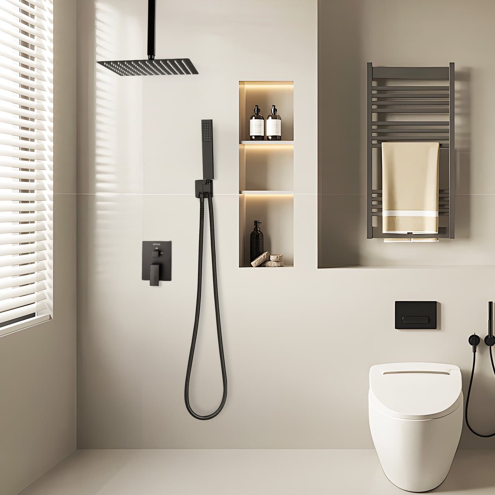 Zuhanycsaptelep szett, Rainfall fürdőszobai zuhanyrendszer 12 hüvelykes (30,5 cm-es) négyzet alakú esőztető zuhanyfejjel és kézi zuhanyfejjel, mennyezetre szerelhető kádas szerelvények sárgaréz szeleppel és díszléccel, matt fekete