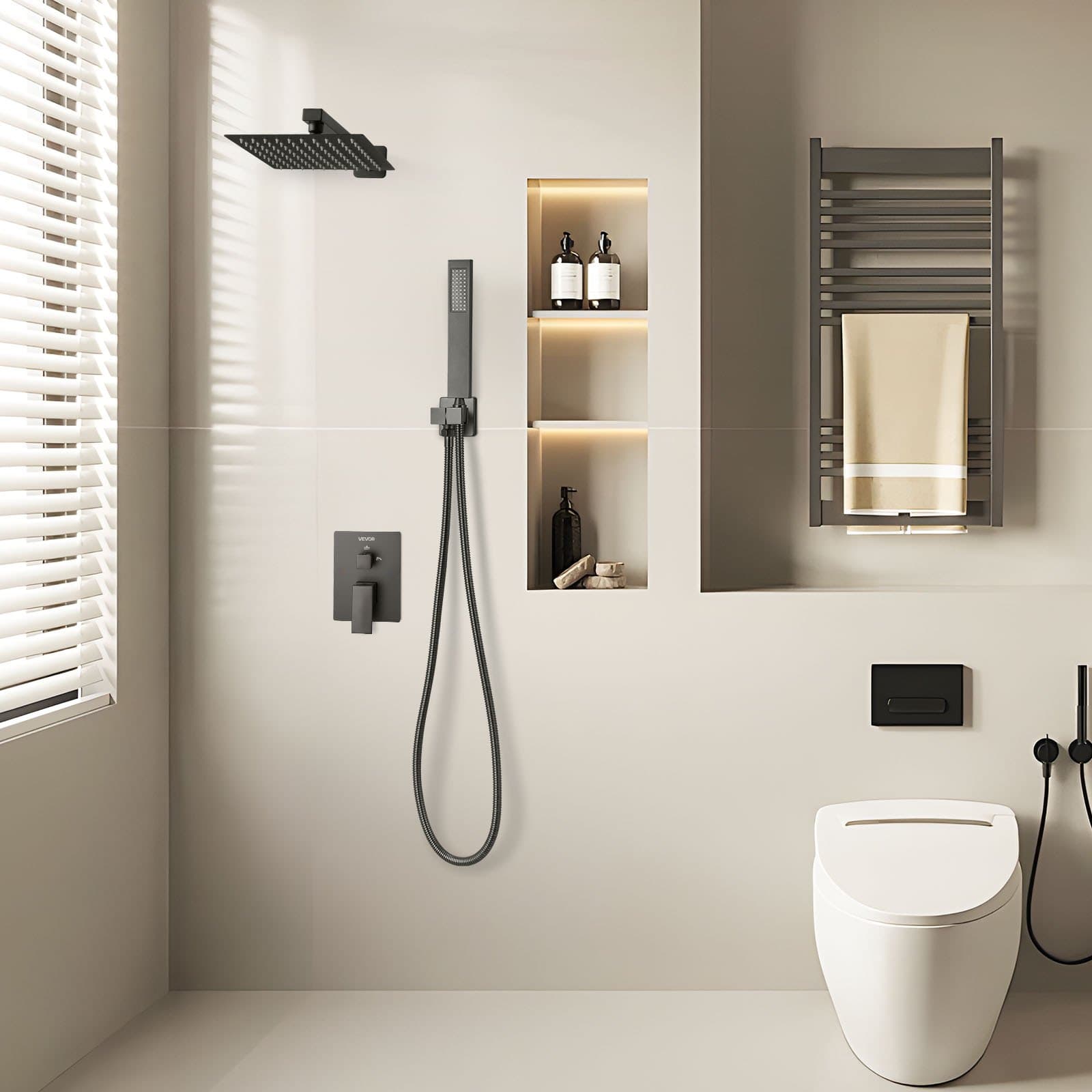 Zuhanycsaptelep szett, Rainfall fürdőszobai zuhanyrendszer 8 hüvelykes (20,3 cm-es) négyzet alakú esőztető zuhanyfejjel és kézi zuhanyrózsával, fali kád szerelvények sárgaréz szeleppel és díszléccel, matt fekete