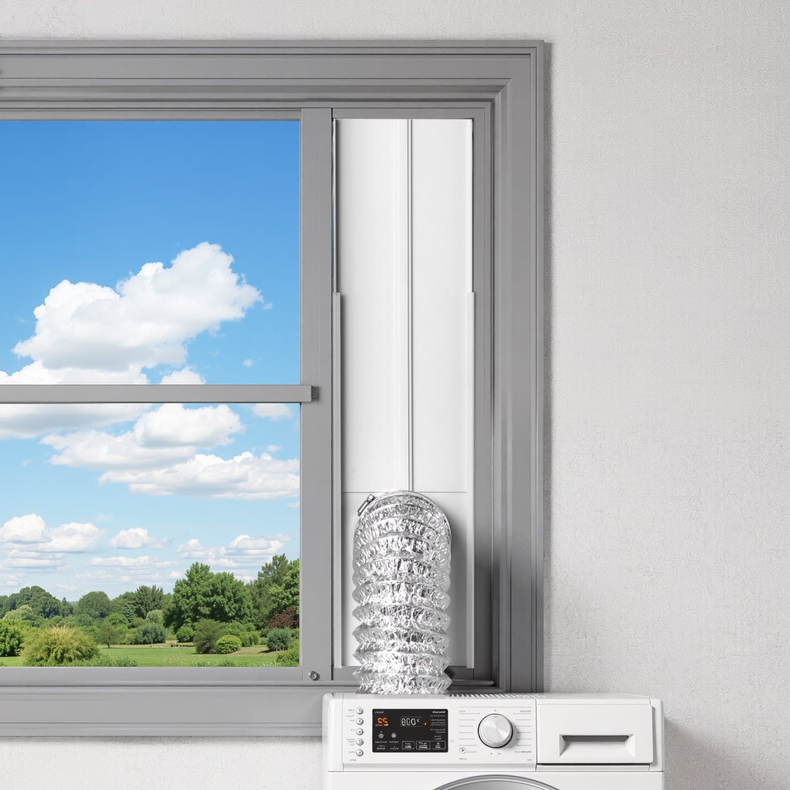 Szárítógép szellőzőablak készlet, 101,6 mm-es elszívócsövekhez illeszkedik, állítható hosszúságú, különböző magasságú tolóablakokhoz, masszív PVC és PP anyagok, kettős védelem és többrétegű tömítés