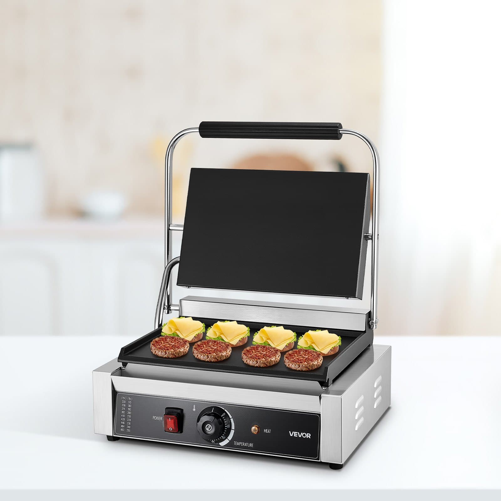 Kereskedelmi paninisütő, 2200 W-os elektromos szendvicssütő, rozsdamentes acél szendvicssütő prés fogantyúval és hőmérséklet-szabályozással, 34x23 cm-es teljesen lapos zománcozott felület, hamburgerhez, steakhez, baconhöz