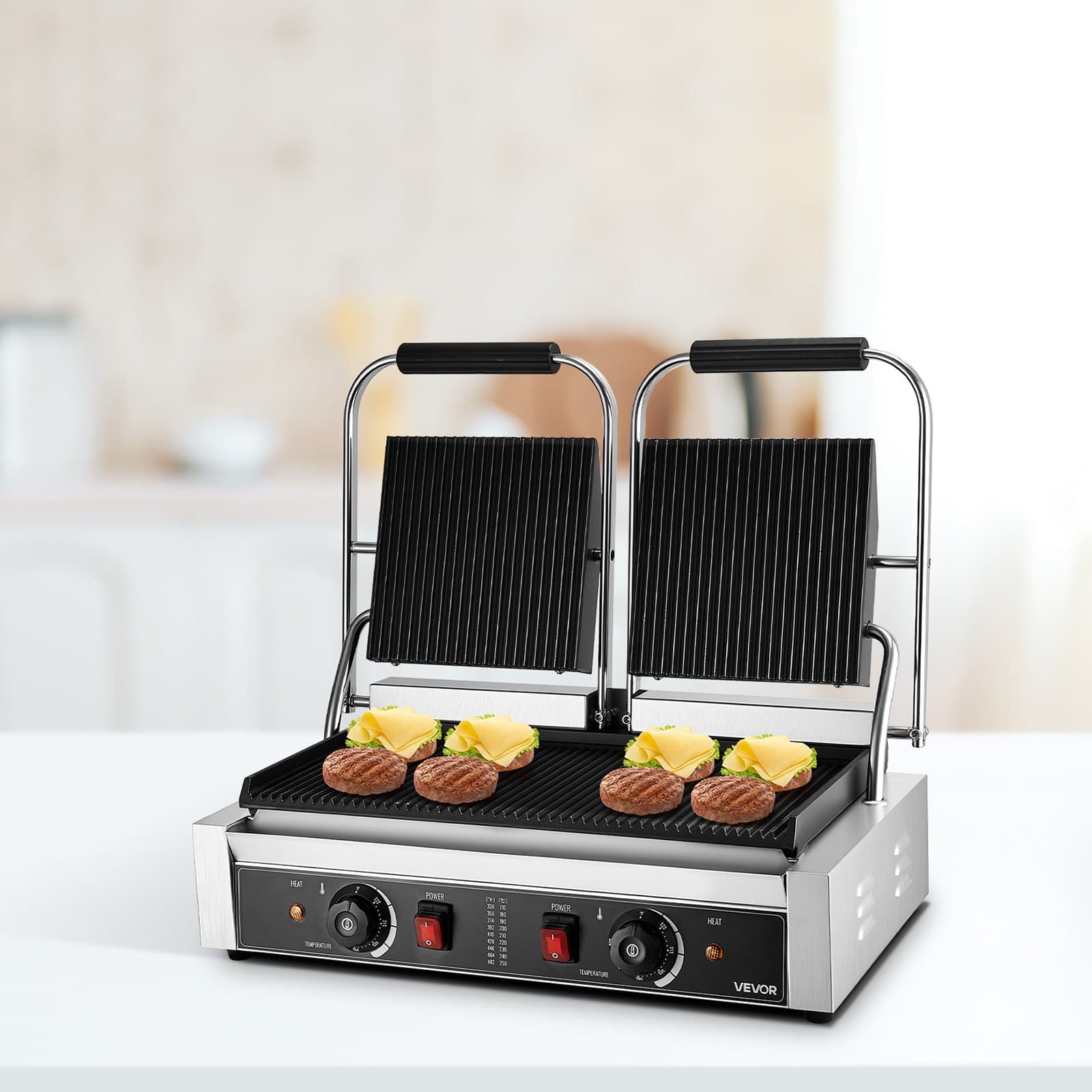 Kereskedelmi paninisütő, 3600 W-os elektromos szendvicssütő, rozsdamentes acél dupla szendvicsprés, paninisütő hőmérséklet-szabályozás, 48x23 cm-es, teljesen barázdált zománcozott sütőlap, hamburger steakhez, baconhöz