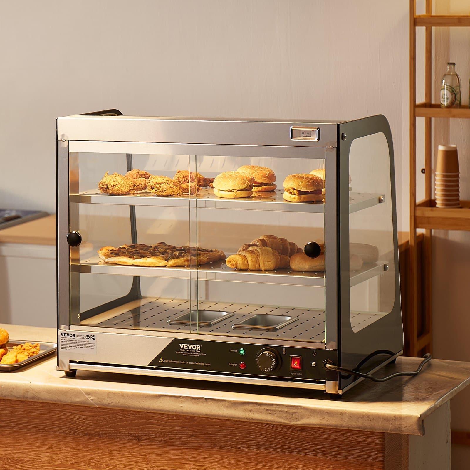 szintes, kereskedelmi ételmelegítő vitrin, 850 W-os ételmelegítő edzett üveggel és gőzfűtéssel, 30℃~85℃ hőmérséklet-szabályozás, 111 literes nagy kapacitás hamburger, pizza, kenyér, sült csirke számára