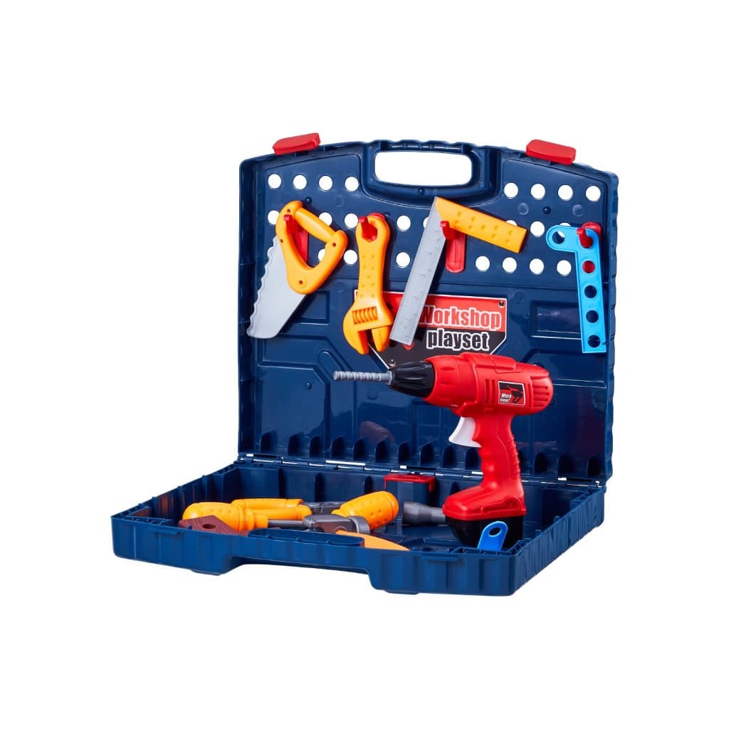 Gyerek munkapad, 56 darabos munkalap valósághű szerszámokkal és elektromos fúróval