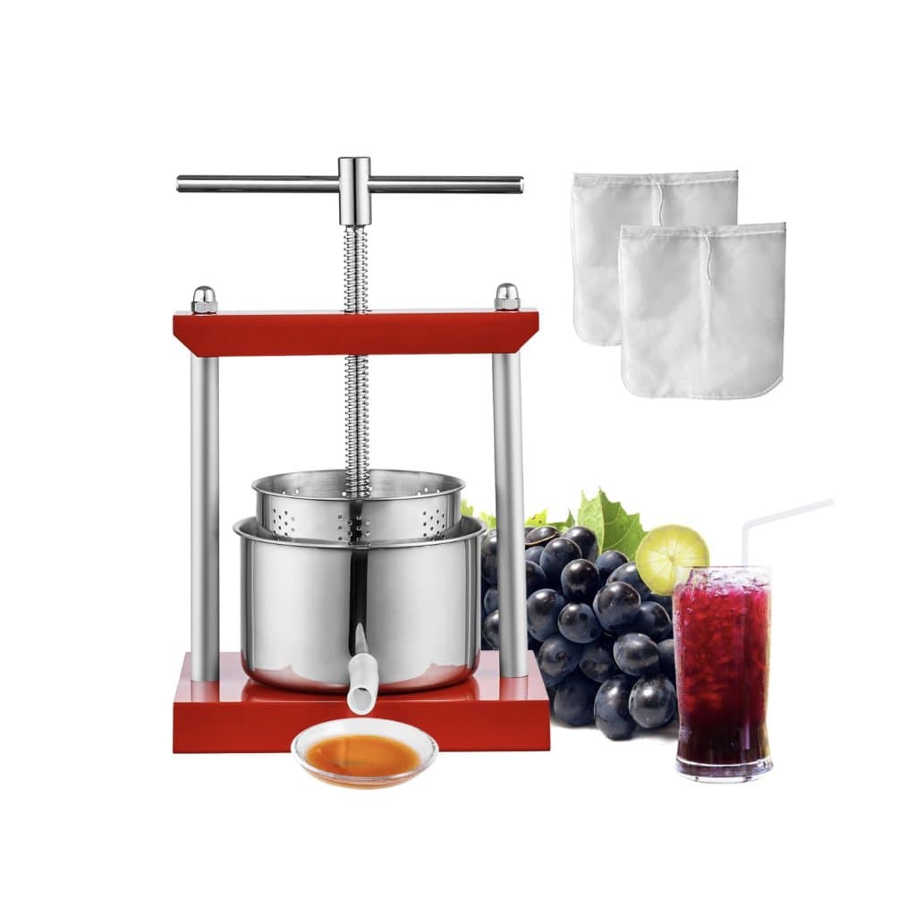 Gyümölcsborprés, 1,6 gallon/6 l, 2 rozsdamentes acél hordó, kézi gyümölcscentrifuga, alma-, alma-, szőlő-, likőr-, növényi méz- és olívaolajprés T-fogantyúval kültéri, konyhai és otthoni használatra