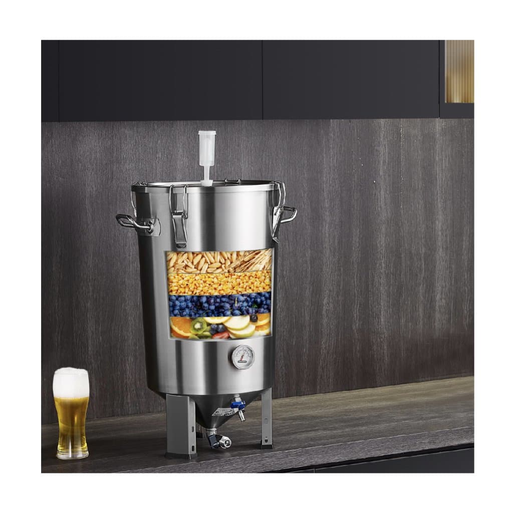 304 rozsdamentes acél üst, 8 gallonos sörfőző erjesztőedény, erjesztővödör sörfőzéshez, házi sörfőzési kellékek talppal, üstfőző tartály fedéllel, fogantyúval, szeleppel, csappal, hőmérővel