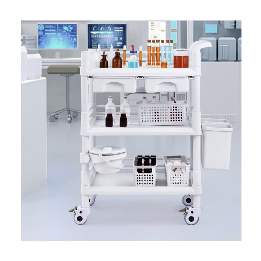 3 szintes laboratóriumi kocsik Mobil orvosi kocsi 3 tálcával és 3 hulladéktárolóval Fehér