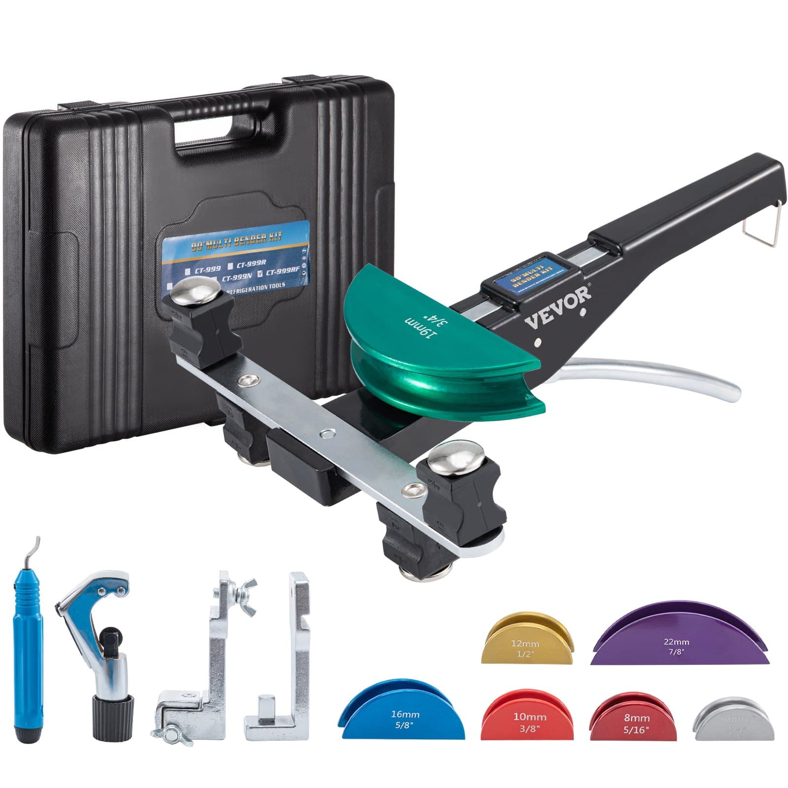 Rézcső-hajlító, 7 színes szerszám, 1/4-7/8 hüvelyk, 90 fokos előre és hátra hajlítás, 6-22 mm réz- és alumíniumcsövekhez, fordított hajlító tartozékkal