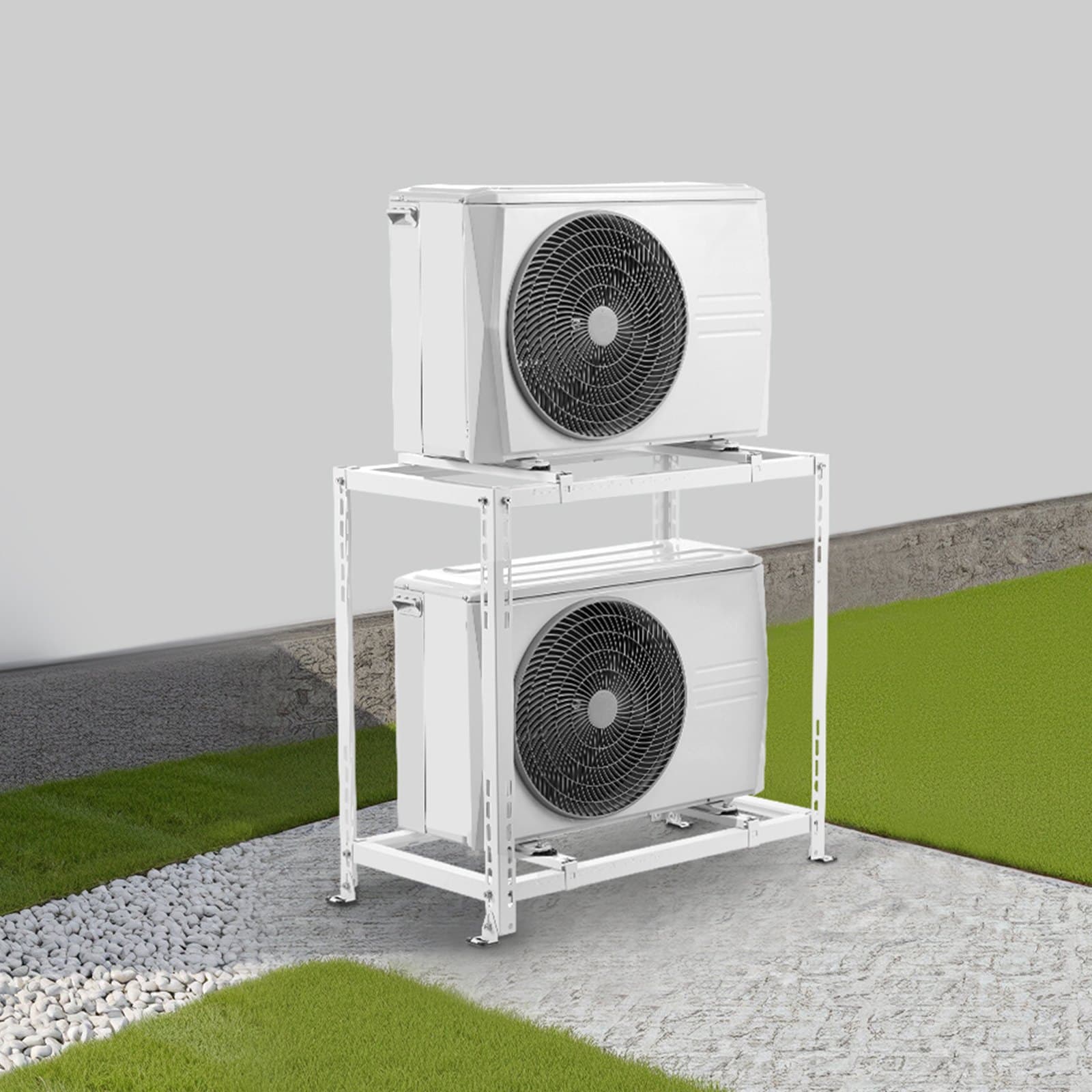 Mini Split Talajállvány, Rezgéscsillapító Mini Split Állvány 9000-18000 BTU Légcsatorna nélküli Légkondicionáló Hőszivattyúhoz, Nagy Teherbírású Légkondicionáló Alapkonzol Padlóra Szerelhető, Max. Terhelhetőség 250 kg, Két Szintű