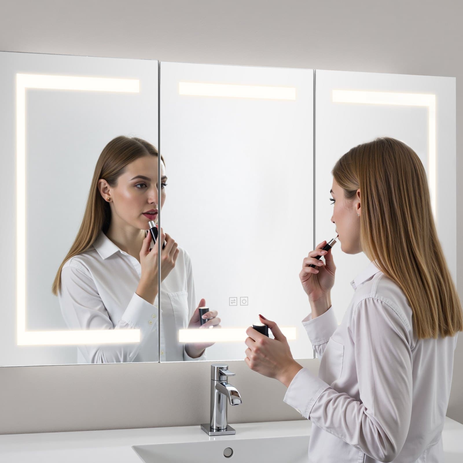 Világító gyógyszeres szekrény tükörrel, 100 x 60 cm Fali Szerelvény, 3 Színű, Szabályozható Fényerejű LED Fürdőszobai Gyógyszeres szekrény Edzett Üveg Tükörrel, Memória Funkcióval/2 Állítható Polccal/Aljzatokkal és USB-kkel