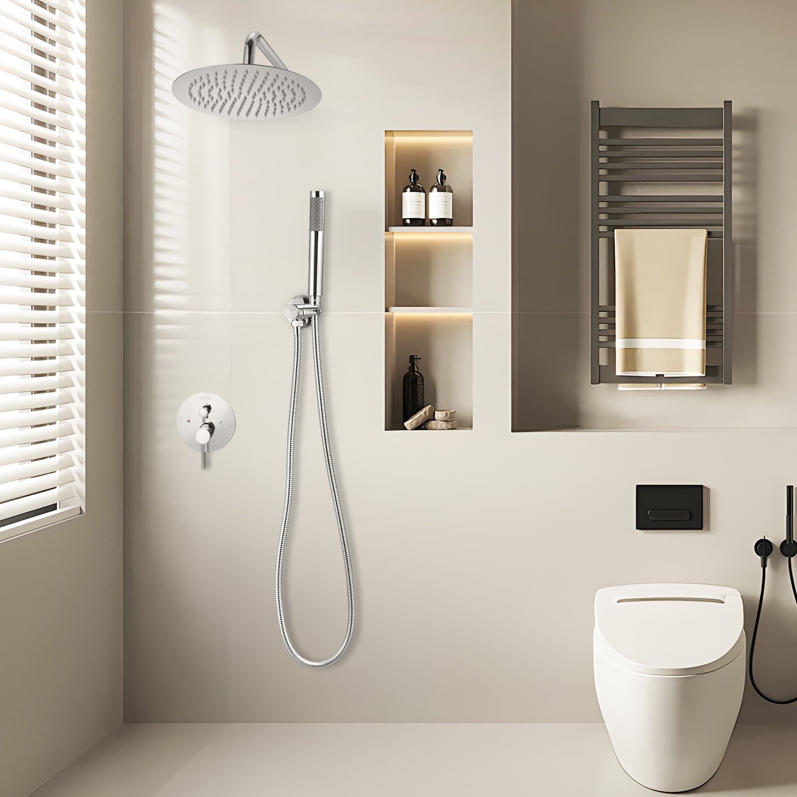 Zuhanycsaptelep szett, Rainfall fürdőszobai zuhanyrendszer 10 hüvelykes (25,4 cm-es) kerek esőztető zuhanyfejjel és kézi zuhanyfejjel, fali kádszerelvények sárgaréz szeleppel és díszléccel, ezüst króm