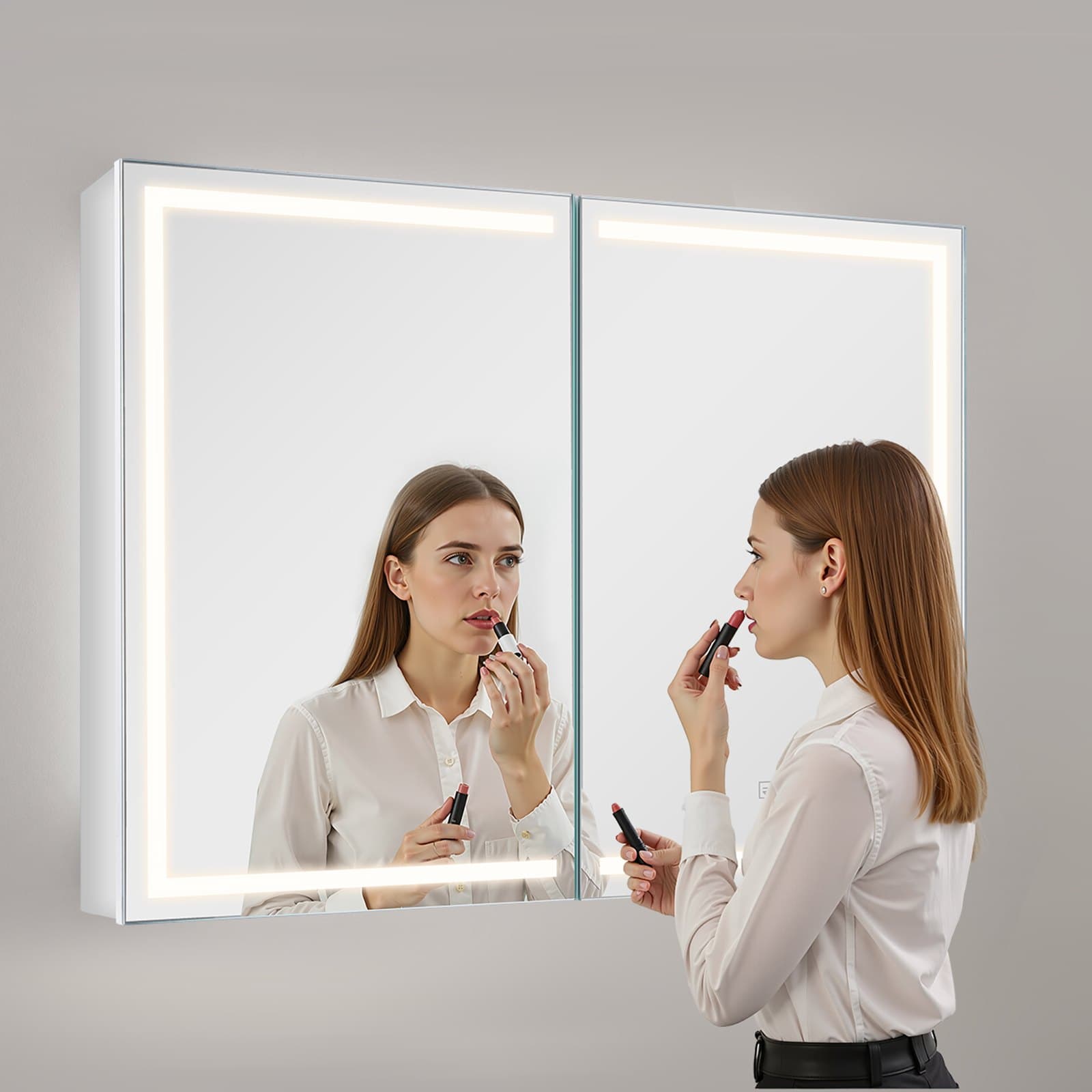 Világító gyógyszeres szekrény tükörrel, 60 x 80 cm, falra szerelhető, 3 színű, szabályozható fényerejű LED fürdőszobai gyógyszeres szekrény HD tükörrel, memória funkcióval/állítható polcokkal/tárolóval/aljzatokkal és USB-kkel