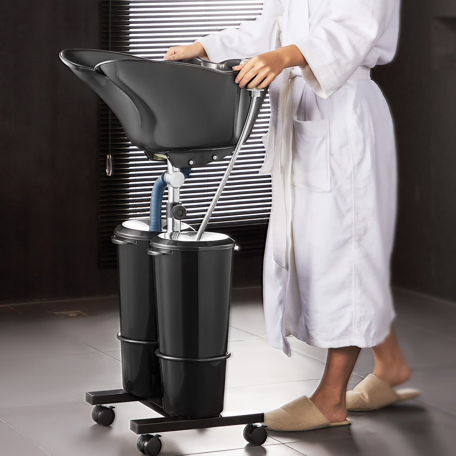 Hordozható sampontartó tál, samponmosó hajmosáshoz elektromos pumpával, 2 vödörrel, 2 zuhanyfejjel, lefolyócsővel, állítható magasságú és szögű hordozható mosdótállal otthoni szalonhasználatra, fekete