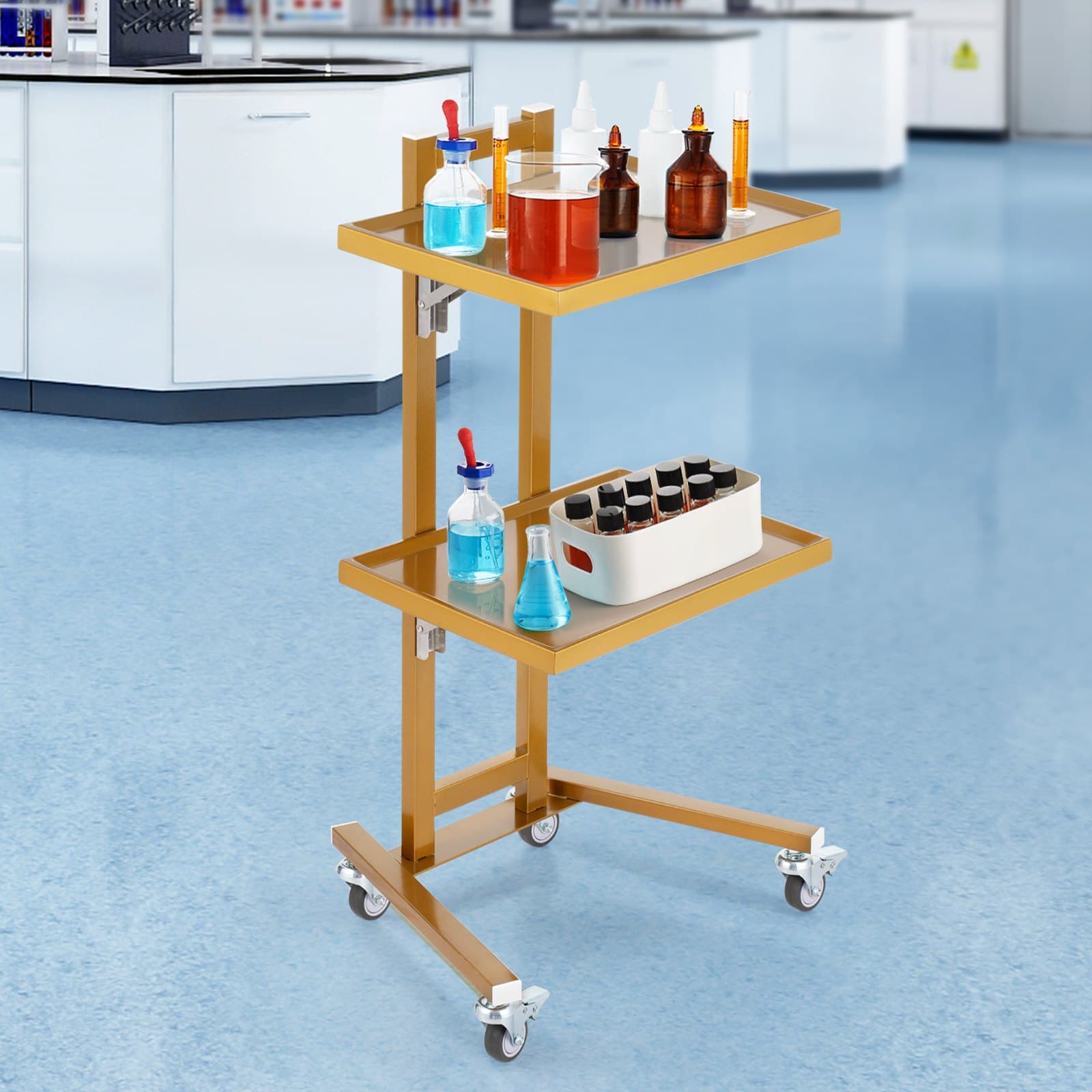 2 szintes rozsdamentes acél laborkocsik, laborkocsi 2 tálcával, mobil orvosi kocsi 4 csendes kerékkel, laborguruló kocsi laborba, klinikára, kórházba, szalonba, arany