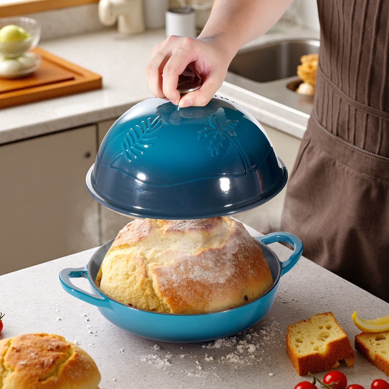 Zománcozott öntöttvas edény, 4,7 literes edény kovászos kenyérsütéshez, strapabíró edény fedővel és dupla fogantyúval, indukciós sütőben is kompatibilis 260 ℃-ig, főzéshez, pirításhoz