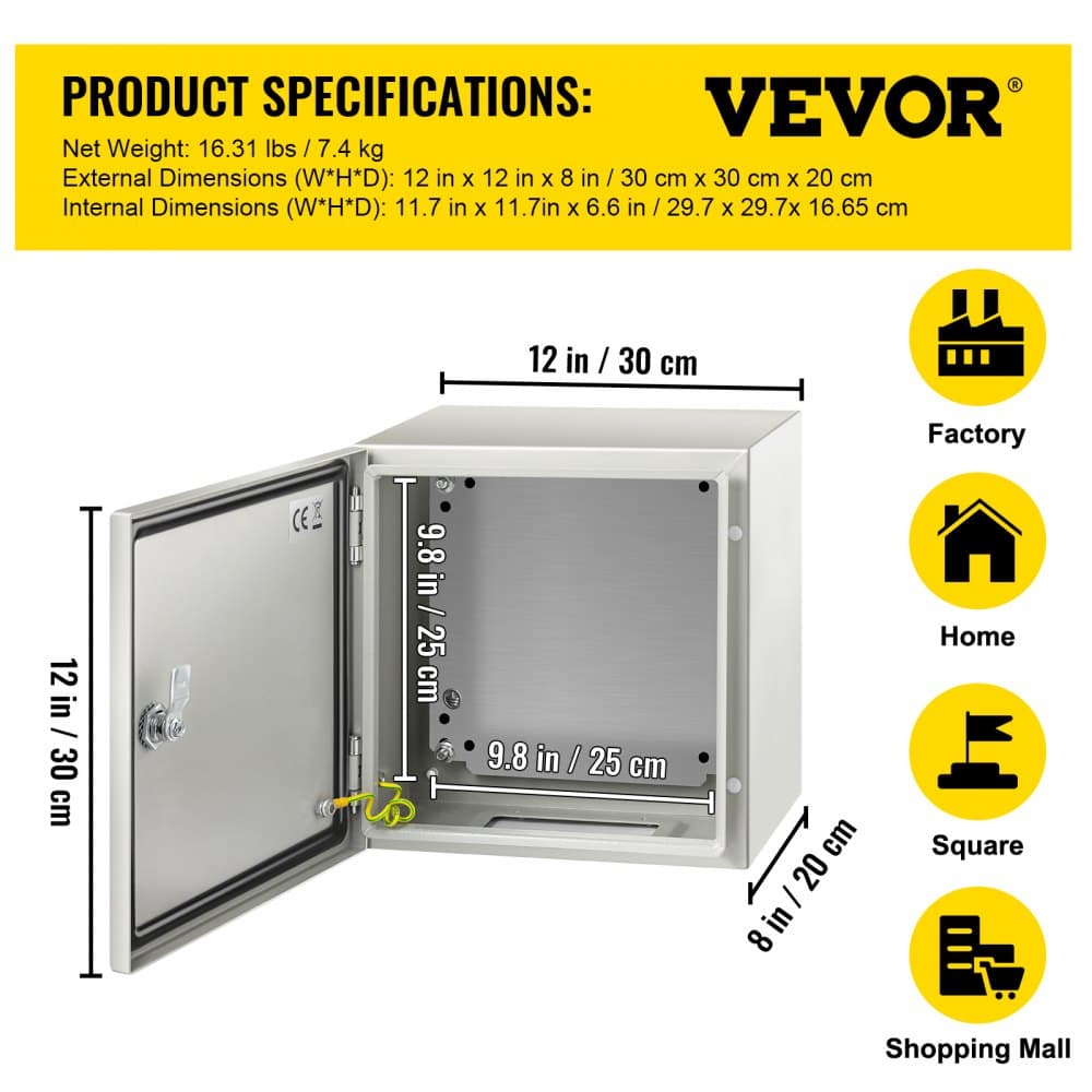 NEMA acél burkolat, 12 x 12 x 8'' NEMA 4X acél elektromos doboz, IP66 vízálló és porálló, kültéri/beltéri elektromos csatlakozódoboz, szerelőlappal