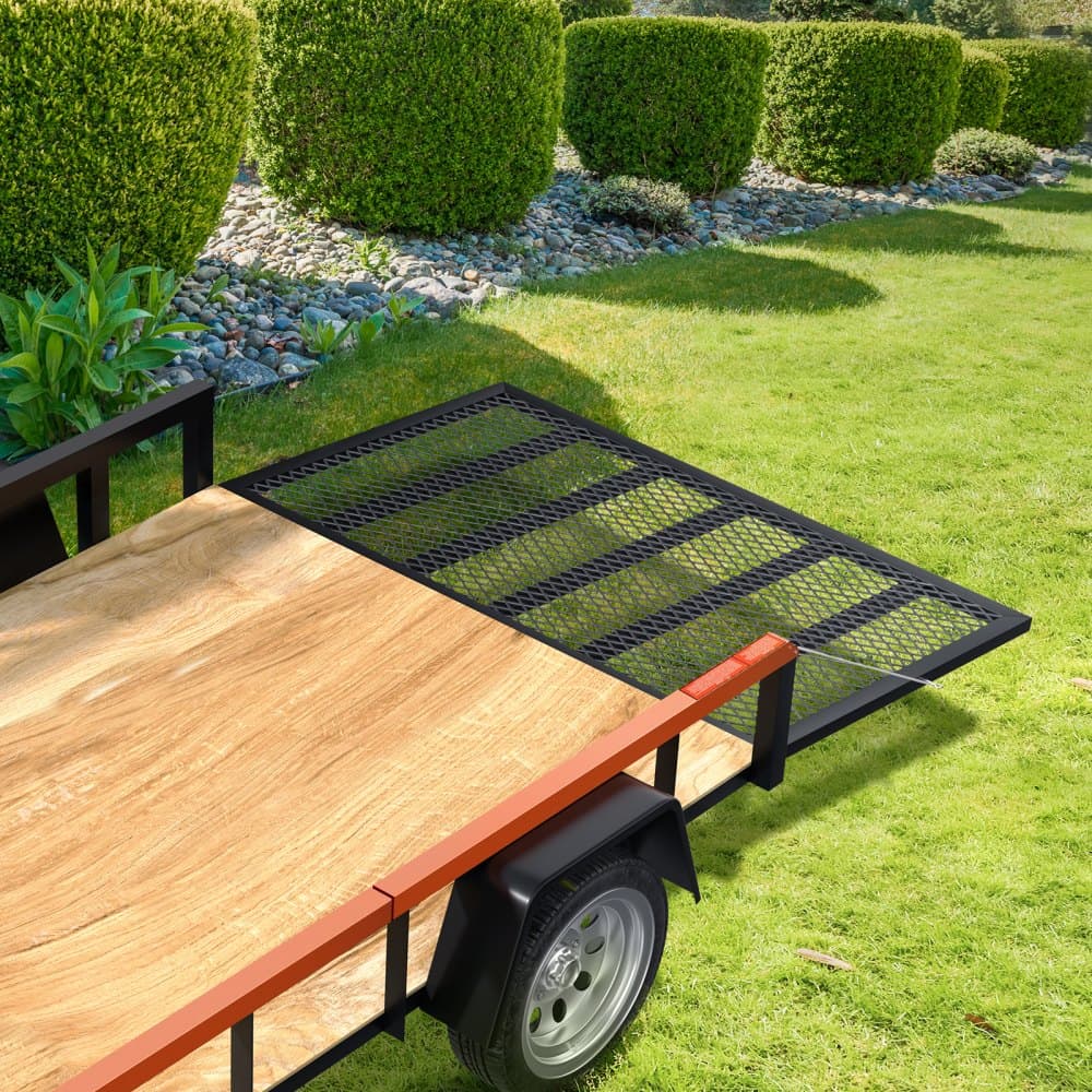 TrailTailgate emelőrásegítéssel, max. 80 kg teherbírás, kompatibilis a nyitott utánfutó hátsó ajtójával és rámpájával, 25-61 cm magas oldalsó rácsgal és 1,2-1,8 m magas hátsó ajtóval vagy rámpával