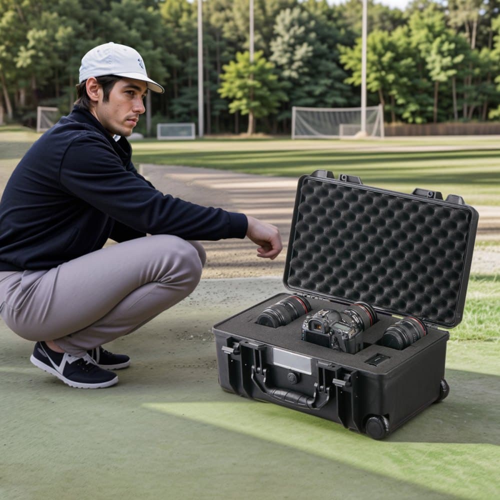 Időjárásálló kemény tok, strapabíró, védő szárazon tartó tok előre vágott habszivaccsal, kerekekkel és behúzható fogantyúkkal utazáshoz, vadászathoz, katonai, taktikai használatra, IP67 vízálló tok kamerákhoz (64x51x25)
