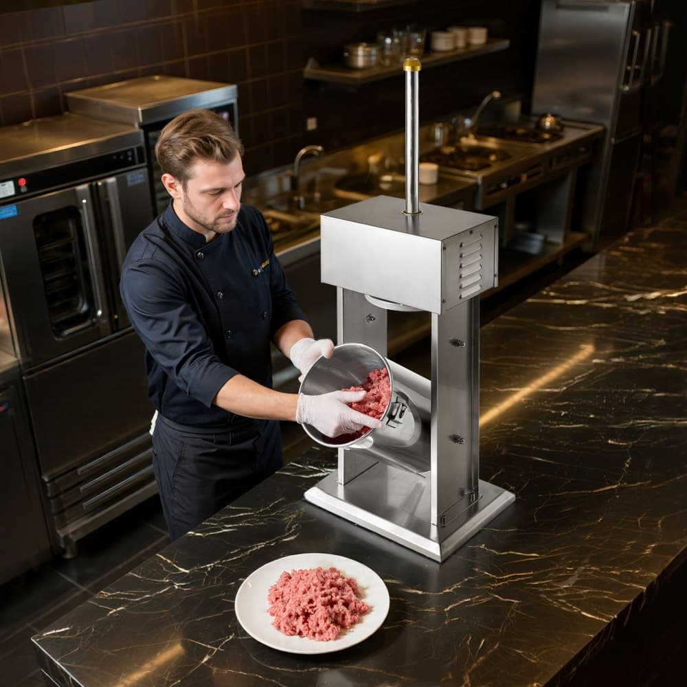 Elektromos kolbásztöltő, 12 literes függőleges hústöltő, fokozatmentes sebességszabályozással és lábpedállal, rozsdamentes acél, nagy teherbírású kolbásztöltő 4 töltőcsővel, kereskedelmi és otthoni használatra