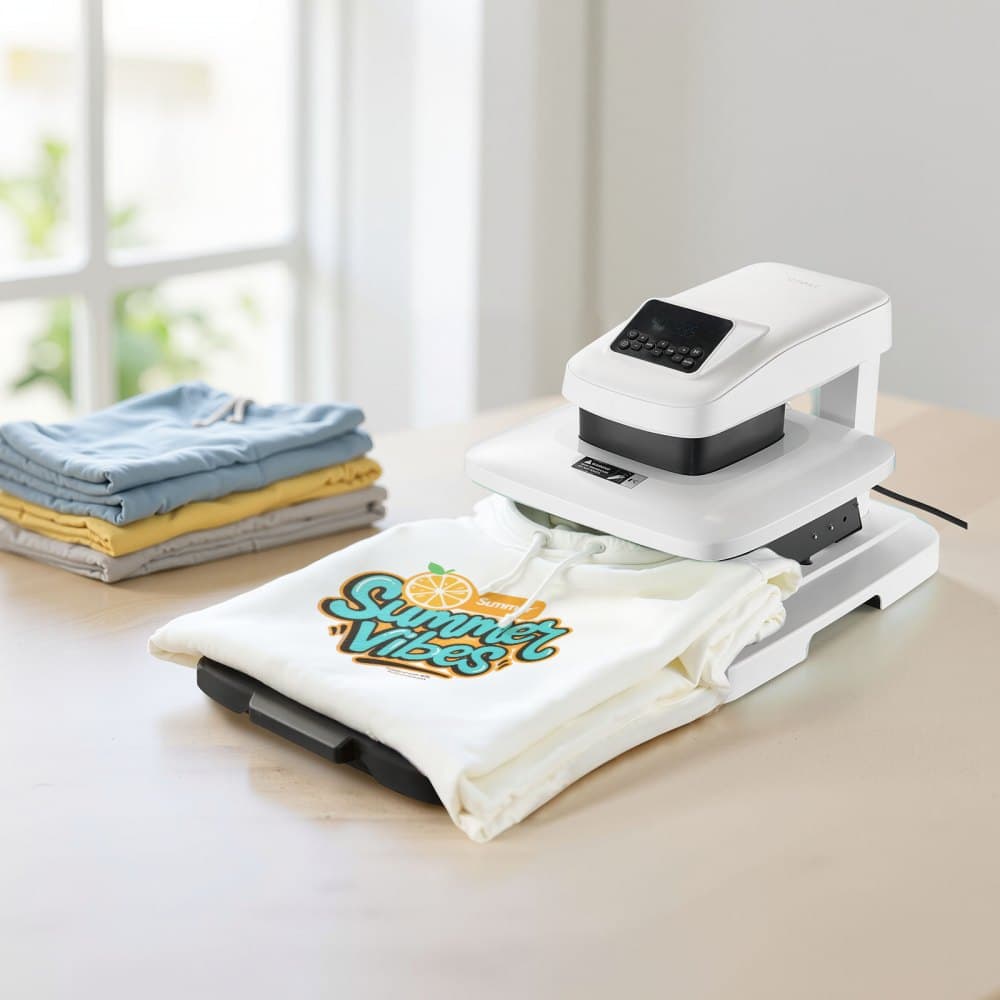 Automatikus hőprés, 38 x 38 cm, Pólóprés automatikus kioldással és állítható nyomással, digitális kijelzővel, gyors fűtéssel, szublimációhoz, vinilhez, hőátadásos projektekhez, fehér