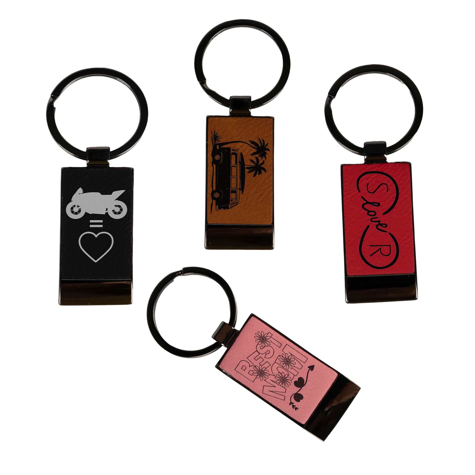 Lézerfényes fém kulcstartó műbőr betéttel 25 x 58 mm, különböző színekben