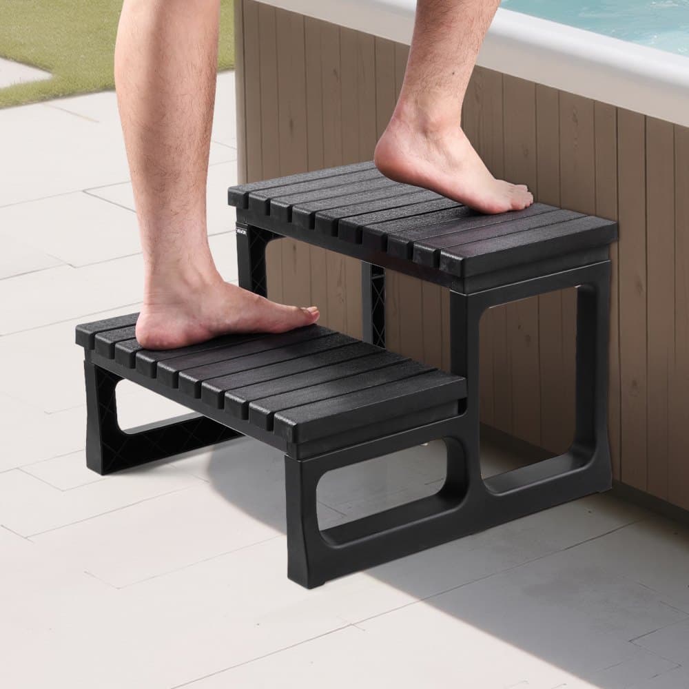 Jakuzzi lépcső, 2 lépcsős kültéri medencelépcső, strapabíró, 599,5 mm széles, föld feletti/felfújható PP medencelétra 145,2 kg teherbírással, többcélú használatra verandára, teraszra, fedélzetre, lakókocsikhoz, fekete