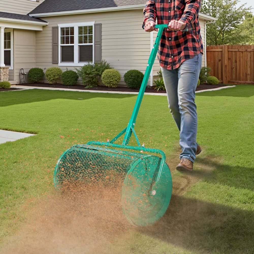 Komposztszóró, 24 hüvelyk széles tőzegmoha-szóró toló-/vontatófogantyúval, 4 állítható magasságú, porszórt acél kerti tőzegmoha-henger, nagy teherbírású fűmag-szórók ültetéshez és vetéshez