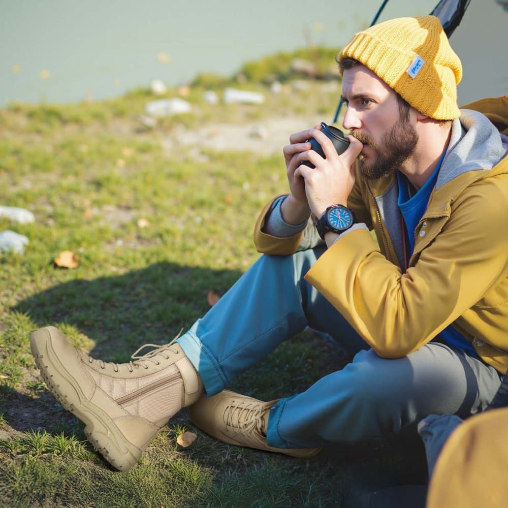 Férfi katonai taktikai bakancs, 203 mm-es harci túrabakancs, könnyű és lélegző oldalsó cipzáras motoros elfogó bakancs, kültéri biztonsághoz, UK 11-es méret, homokszínű