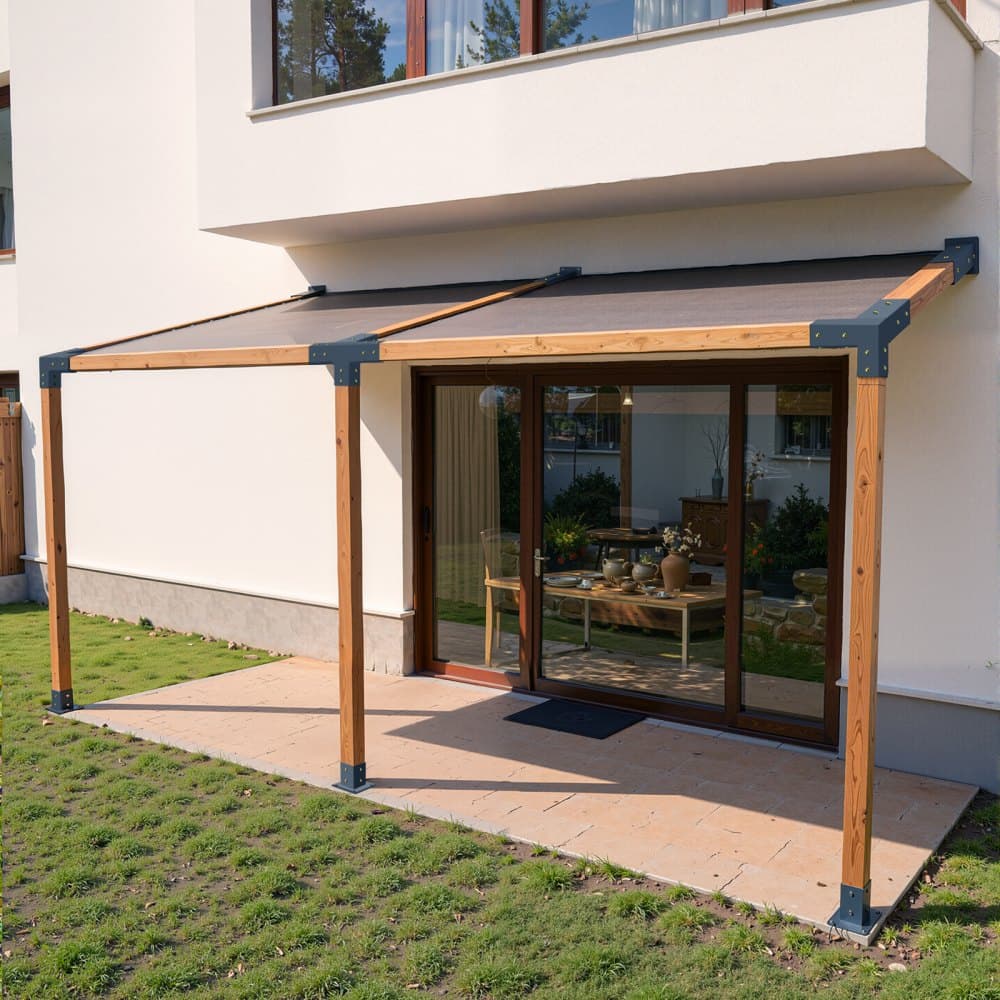 Pergola készlet, 4x4 hüvelykes, 4 irányban ferde konzol 92 x 92 mm-es fa gerendákhoz valós méretben, szénacél pergola konzol oszloptalppal és fali talppal, kültéri pergolákhoz, pavilonokhoz, fészerekhez