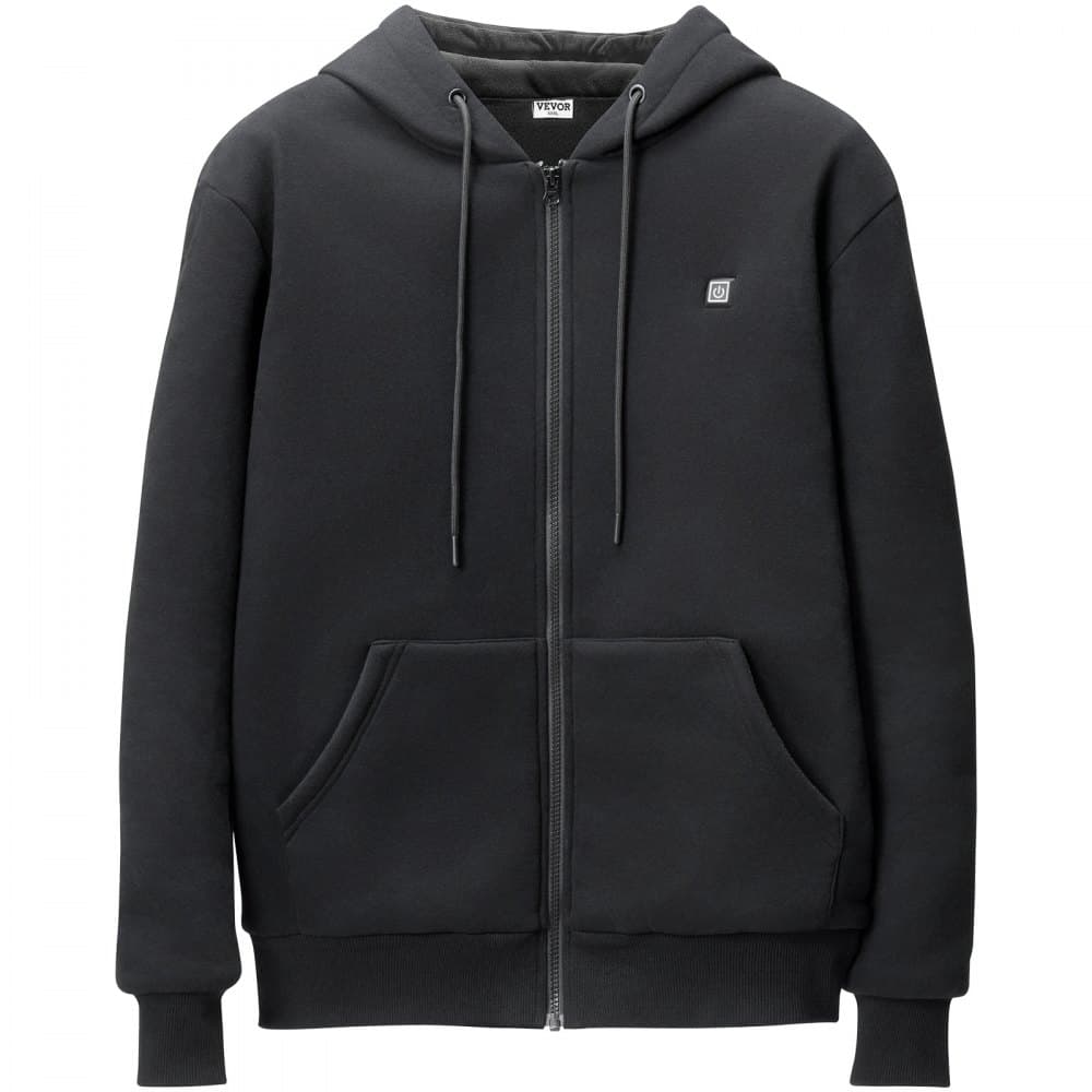 Fűthető kapucnis pulóver, unisex fűthető pulóver 7.4V-os akkumulátorral, cipzáras elektromos kabát 5 fűtési zónával férfiaknak és nőknek, könnyű, meleg, fűthető kültéri pulóver kempingezéshez, M-es méret fekete