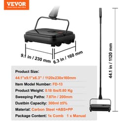 Szőnyegseprű, 20 cm-es seprési sávok, Padlóseprű, kézi, nem elektromos, 300 ml-es porzsákkapacitás fésűvel otthoni irodai szőnyegekhez, keményfa felületekhez, fa padlókhoz, laminált padlóhoz, por és állatszőr eltávolításához - miniatúra 18