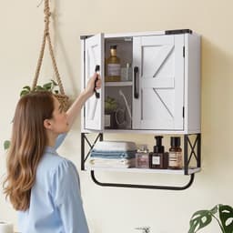 Fürdőszobai fali szekrény, 2 ajtóval és állítható polccal, WC fölé, falra szerelhető gyógyszeres szekrény, nyitott válaszfallal és törölközőtartóval, mosókonyhába, konyhába, fehér - miniatúra 1